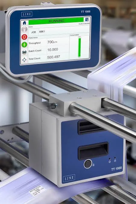 Linx TT500 thermal transfer overprinter printing best-before dates onto flexible film packaging